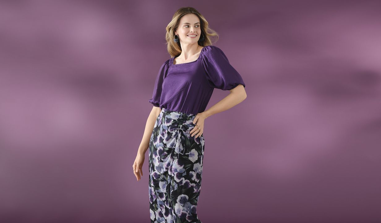 Leona Edmiston Ruby Women's Square Neck Puff Sleeve Blouse & Gather Tulip Wrap Skirt