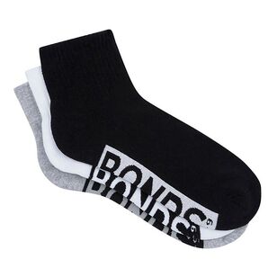 Bonds Men's 3 Pack Logo Quarter Crew Sock Black, Grey & White