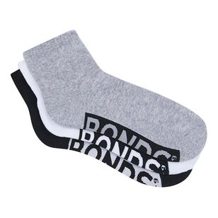 Bonds Men's 3 Pack Logo Quarter Crew Sock Black, Grey & White