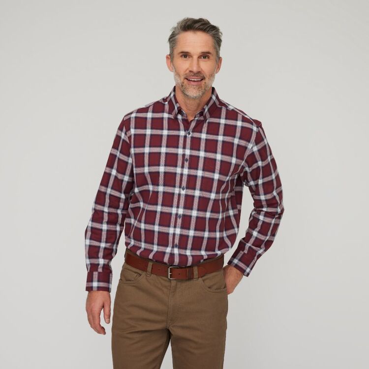 JC Lanyon Men's Fort Brushed Check Long Sleeve Shirt Burgundy