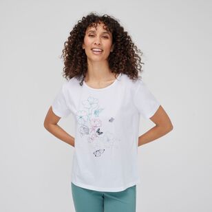 Khoko Basics Women's Crew Neck Cotton Print Tee White & Floral