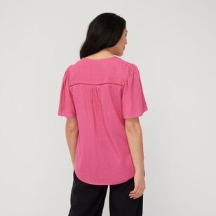 Khoko Collection Women's Linen Blend Top With Ladder Stitch Trim Pink