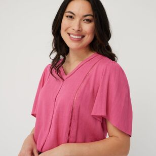 Khoko Collection Women's Linen Blend Top With Ladder Stitch Trim Pink