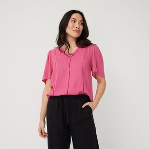 Khoko Collection Women's Linen Blend Top With Ladder Stitch Trim Pink