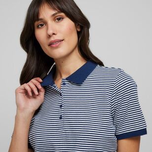Khoko Collection Women's Cotton Pique Polo Shirt Navy & Stripe