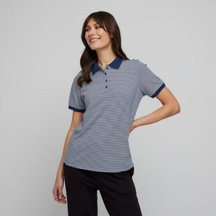 Khoko Collection Women's Cotton Pique Polo Shirt Navy & Stripe