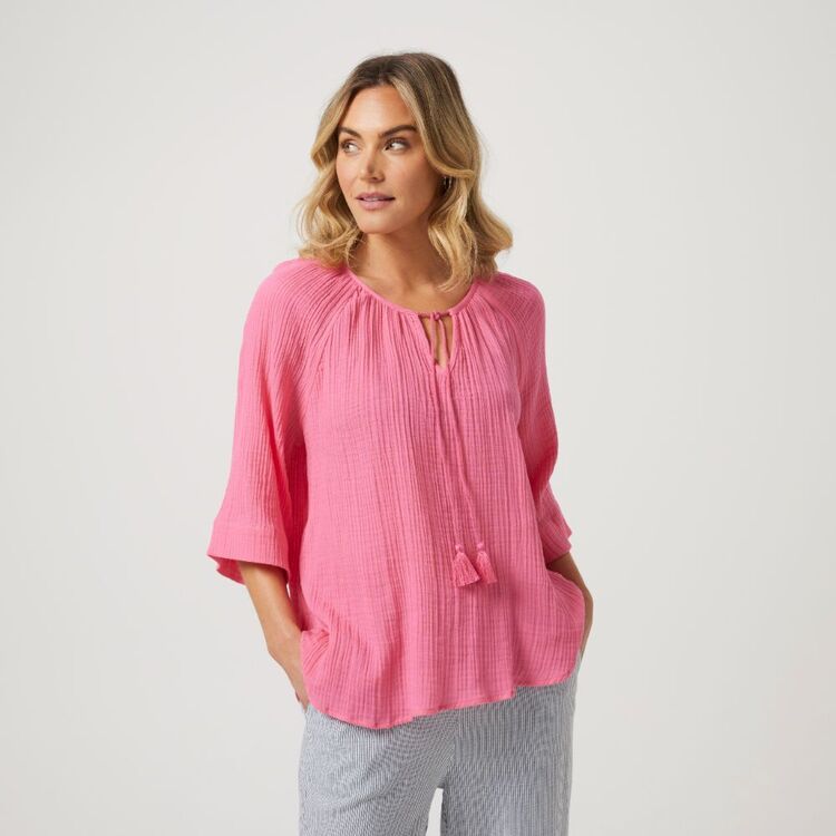 Khoko Collection Women's Double Cloth Peasant Top Hot Pink