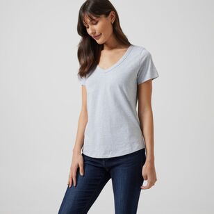 Khoko Collection Women's Cotton Slub Vee Neck Tee Grey Marle Small