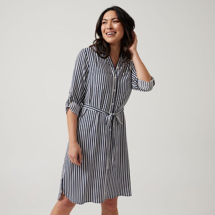 Khoko Collection Women's Stripe Shirt Dress Navy & Stripe