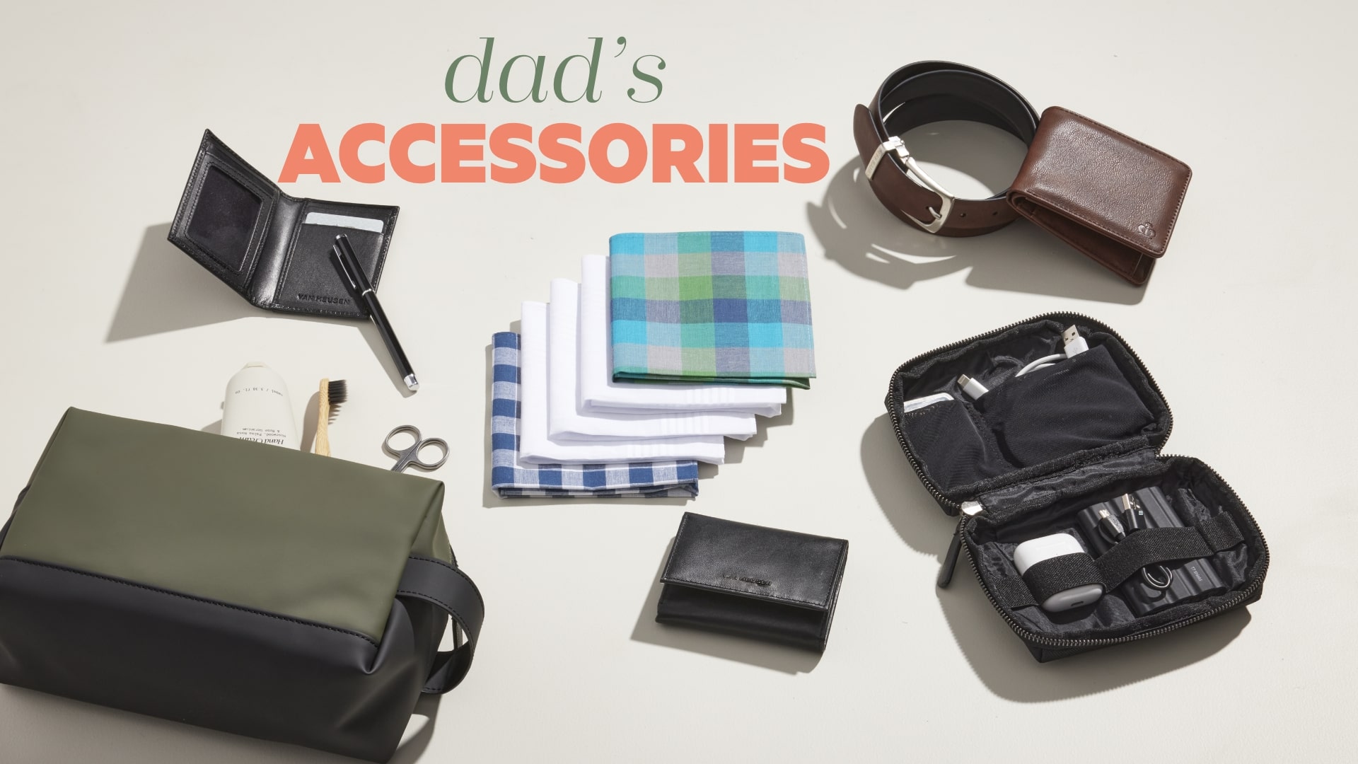 Dad's Accessories: Messenger bag, handkerchiefs, belt, wallet and tech accessory case