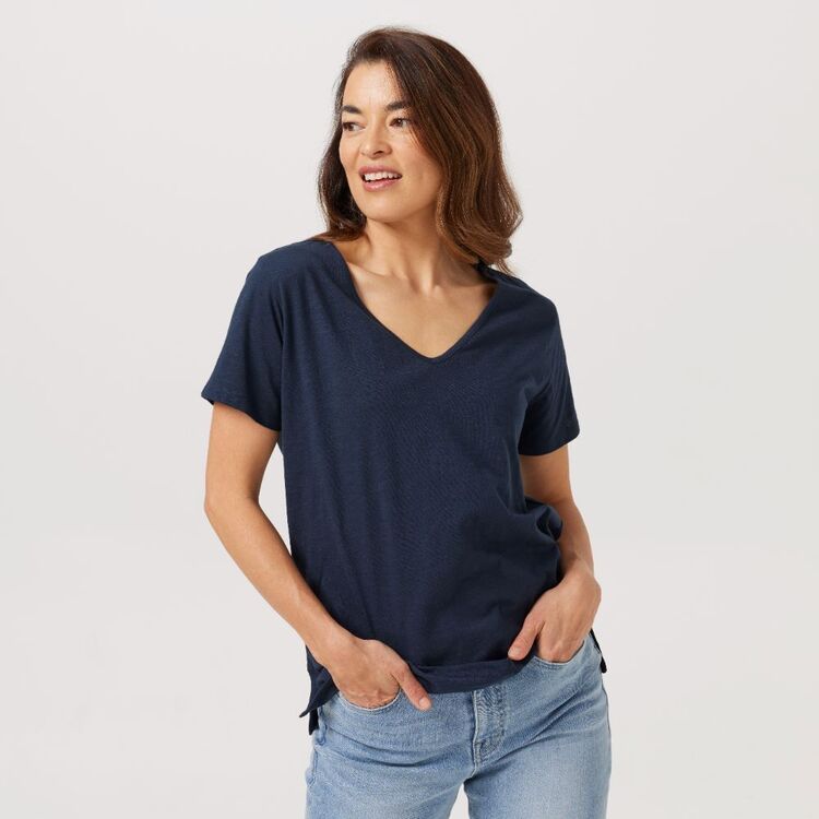 Khoko Collection Women's Cotton Slub V Neck Tee Shirt Navy