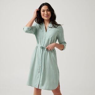 Khoko Collection Women's Stripe Shirt Dress Green Stripe