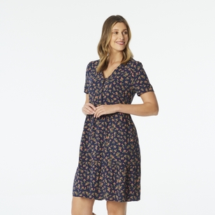 Khoko Collection Women's Viscose Button Dress Navy & Print