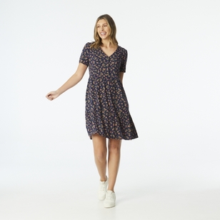 Khoko Collection Women's Viscose Button Dress Navy & Print