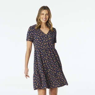 Khoko Collection Women's Viscose Button Dress Navy & Print