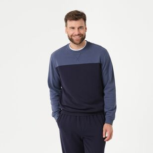 JC Lanyon Essentials Men's Dobson Splice Crew Neck Fleece Jumper Denim Marle