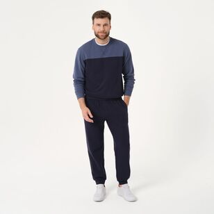 JC Lanyon Essentials Men's Dobson Splice Crew Neck Fleece Jumper Denim Marle