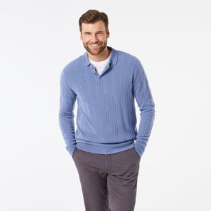 JC Lanyon Men's Hamel Soft Touch Long Sleeve Cable Polo Knit Dust Blue