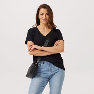 Khoko Collection Women's Cotton Slub V Neck Tee Shirt Black