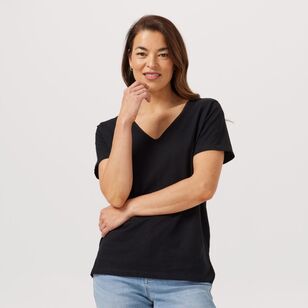 Khoko Collection Women's Cotton Slub V Neck Tee Shirt Black