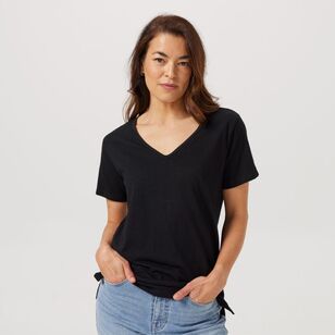 Khoko Collection Women's Cotton Slub V Neck Tee Shirt Black