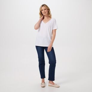 Khoko Collection Women's Cotton Slub V Neck Tee Shirt White