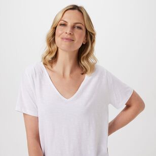 Khoko Collection Women's Cotton Slub V Neck Tee Shirt White