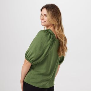 Leona Edmiston Ruby Women's Square Neck Puff Sleeve Blouse Hunter Green