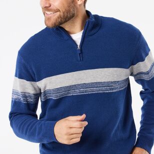 JC Lanyon Men's Alberton 1/2 Zip Stripe Knit Blue & Grey