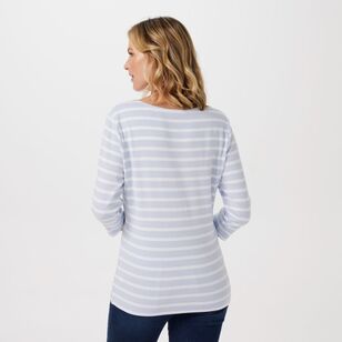 Khoko Collection Women's Stripe Boat Neck Tee with 3/4 Sleeve Pale Blue & White