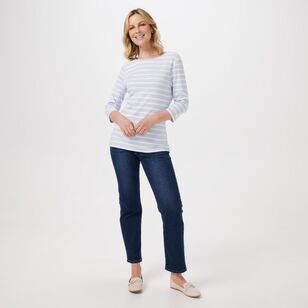 Khoko Collection Women's Stripe Boat Neck Tee with 3/4 Sleeve Pale Blue & White