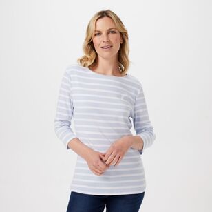 Khoko Collection Women's Stripe Boat Neck Tee with 3/4 Sleeve Pale Blue & White