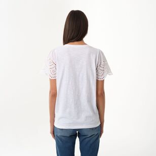 Khoko Collection Women's Broderie Sleeve Tee White