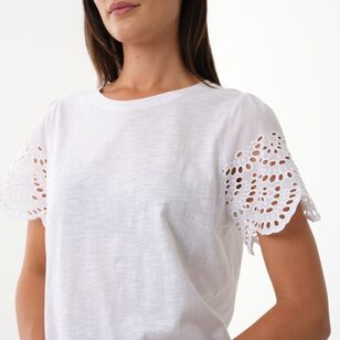 Khoko Collection Women's Broderie Sleeve Tee White