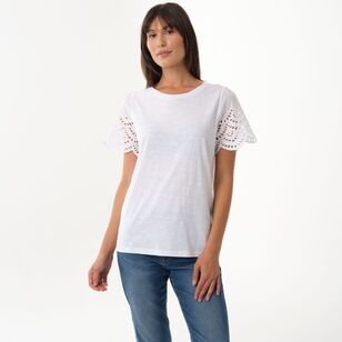 Khoko Collection Women's Broderie Sleeve Tee White