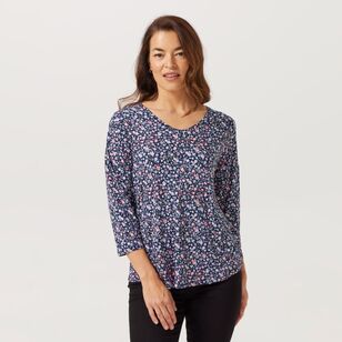 Khoko Collection Women's 3/4 Sleeve Print Top Pink Floral