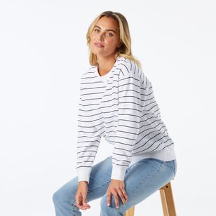 Khoko Collection Women's Yarn Dyed Stripe Sweat Navy, White Stripe