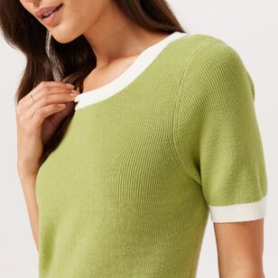 Khoko Smart Women's Contrast Bind Short Sleeve Knit Avocado