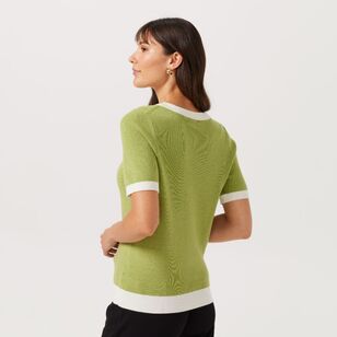 Khoko Smart Women's Contrast Bind Short Sleeve Knit Avocado