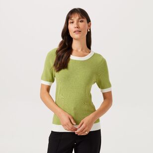 Khoko Smart Women's Contrast Bind Short Sleeve Knit Avocado