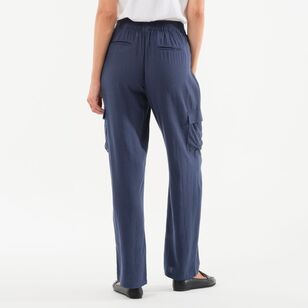 Khoko Collection Women's Cargo Pocket Linen Blend Pant Navy