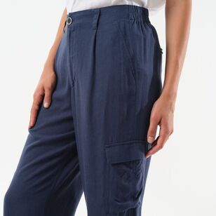 Khoko Collection Women's Cargo Pocket Linen Blend Pant Navy