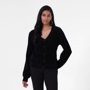 Leona Edmiston Ruby Women's V Neck Fluffy Cropped Cardigan Black