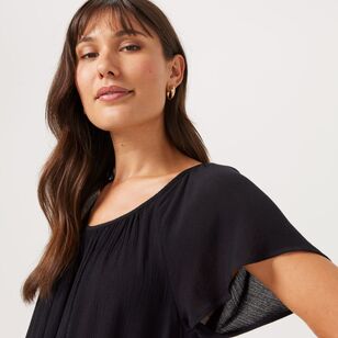 Khoko Collection Women's Gathered Neck Crinkle Peasant Top Black 10