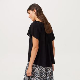 Khoko Collection Women's Gathered Neck Crinkle Peasant Top Black 10