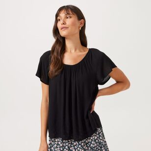 Khoko Collection Women's Gathered Neck Crinkle Peasant Top Black 10