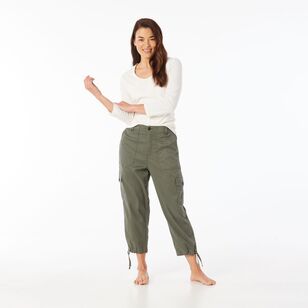 Khoko Collection Women's Cropped Lyocell Cargo Pant Khaki