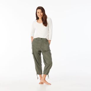 Khoko Collection Women's Cropped Lyocell Cargo Pant Khaki