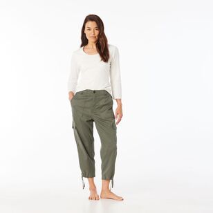 Khoko Collection Women's Cropped Lyocell Cargo Pant Khaki