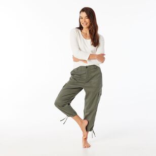 Khoko Collection Women's Cropped Lyocell Cargo Pant Khaki